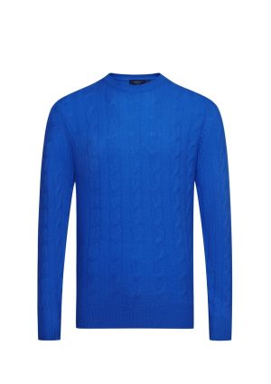 Douglas Hayward Cashmere Cable Crew-Bright Blue-Front Cashmere Cable Crew